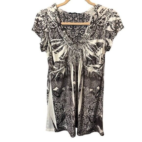 Apt 9 Short Slv Blouse Paisley Black White V-Neck Embellished Stretch Knit Top M - Picture 1 of 13